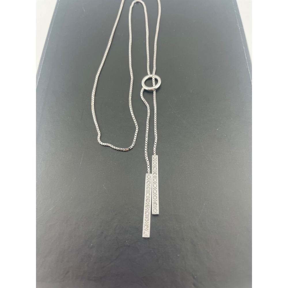 Sterling Silver CZ Lariat Y Necklace Adjustable Box‎ Chain Pavé Bar Drop Pendant - Picture 8 of 10